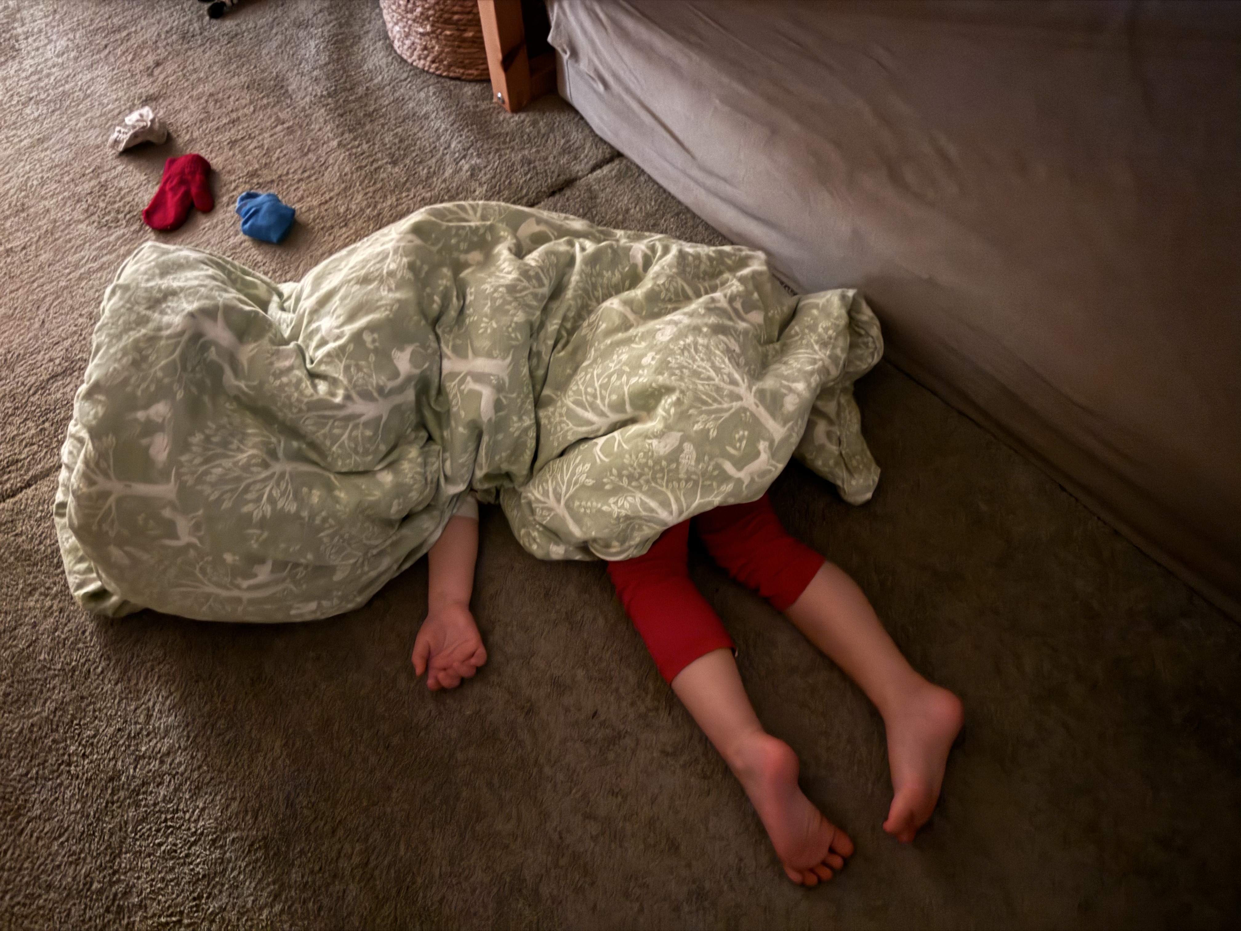 A blanket in a bundle on the carpet of a dark room, next to a mattress. V’s arm and legs are sticking out of the blanket.
